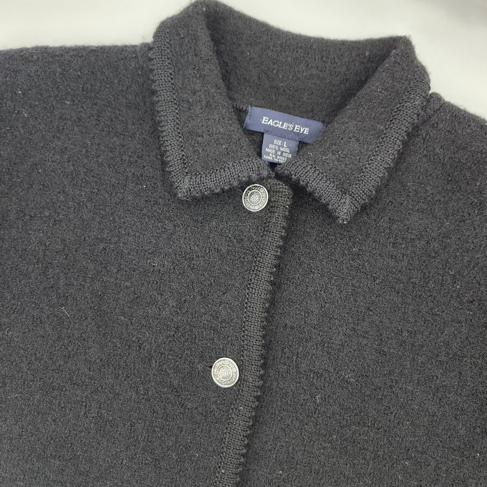 Eagles Eye Women Black Boiled Wool Cardigan Size L Old Money Silver Crest Button